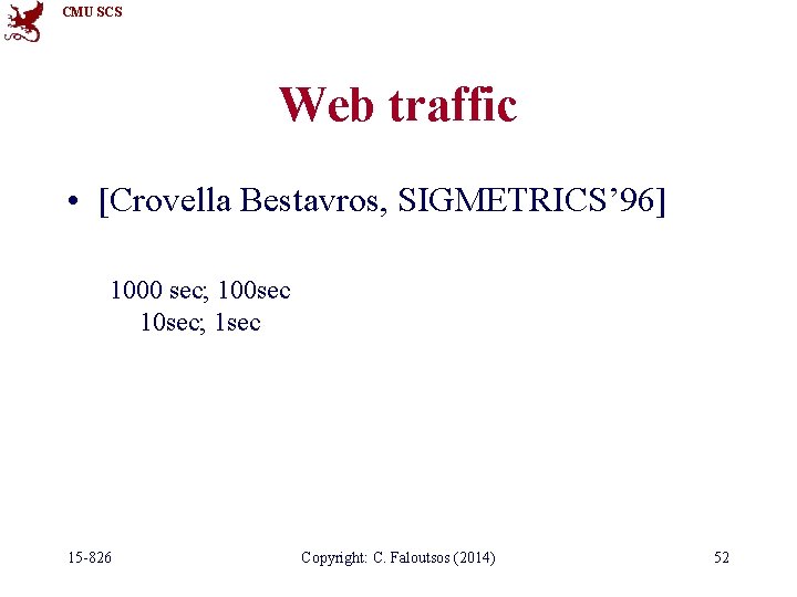 CMU SCS Web traffic • [Crovella Bestavros, SIGMETRICS’ 96] 1000 sec; 100 sec 10