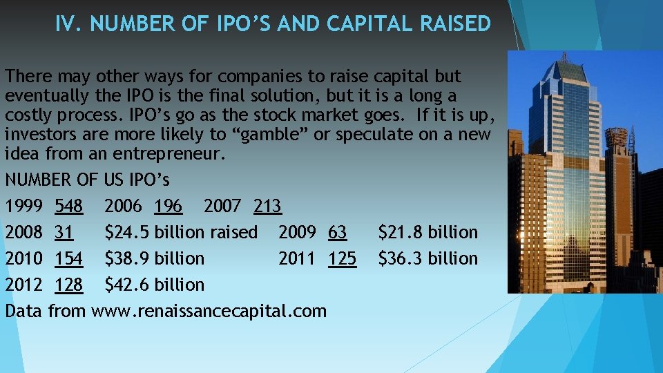 IV. NUMBER OF IPO’S AND CAPITAL RAISED There may other ways for companies to