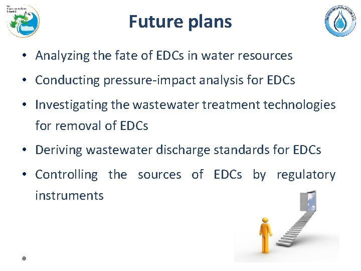 Future plans • Analyzing the fate of EDCs in water resources • Conducting pressure-impact