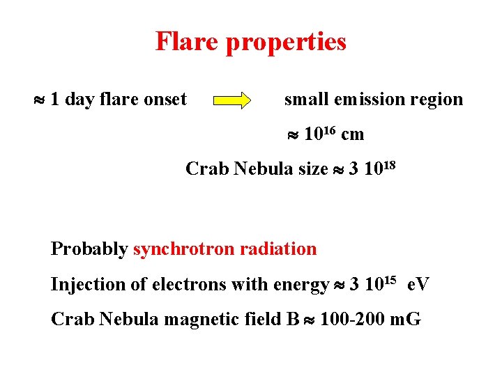 Flare properties 1 day flare onset small emission region 1016 cm Crab Nebula size