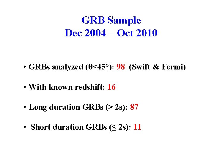 GRB Sample Dec 2004 – Oct 2010 • GRBs analyzed (θ<45°): 98 (Swift &