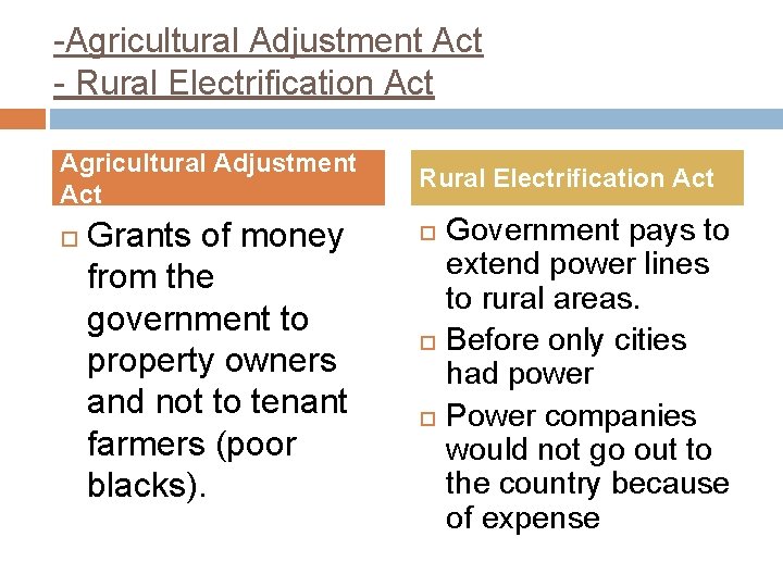 -Agricultural Adjustment Act - Rural Electrification Act Agricultural Adjustment Act Grants of money from