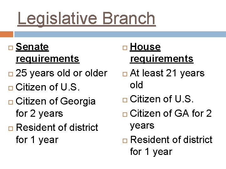 Legislative Branch Senate requirements 25 years old or older Citizen of U. S. Citizen