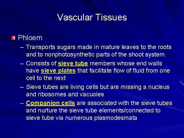 Vascular Tissues Phloem – Transports sugars made in mature leaves to the roots and