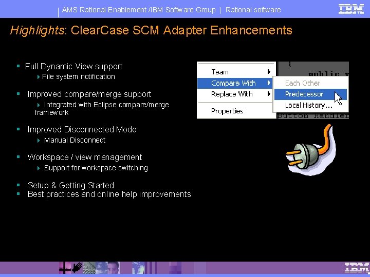AMS Rational Enablement /IBM Software Group | Rational software Highlights: Clear. Case SCM Adapter