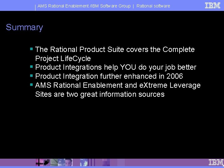 AMS Rational Enablement /IBM Software Group | Rational software Summary § The Rational Product