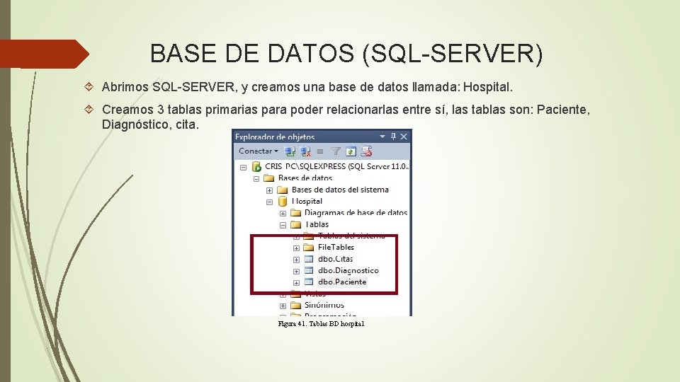 BASE DE DATOS (SQL-SERVER) Abrimos SQL-SERVER, y creamos una base de datos llamada: Hospital.