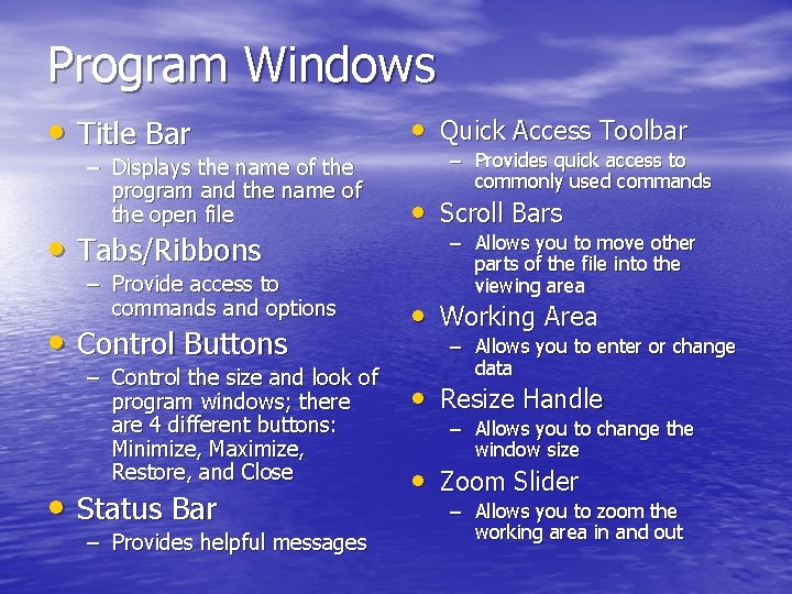 Program Windows • Title Bar – Displays the name of the program and the