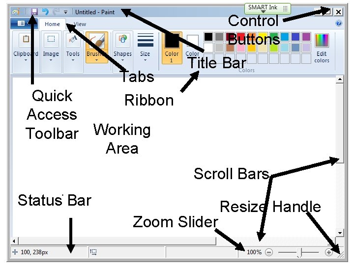 Tabs Ribbon Control Buttons Title Bar Quick Access Toolbar Working Area Scroll Bars Status