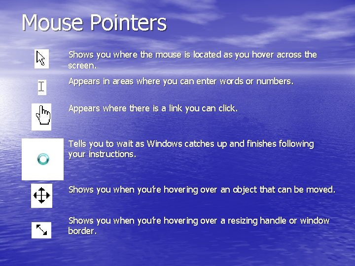 Mouse Pointers Shows you where the mouse is located as you hover across the