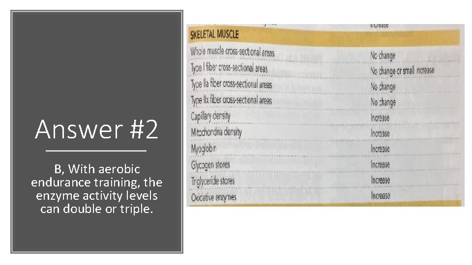 Answer #2 B, With aerobic endurance training, the enzyme activity levels can double or