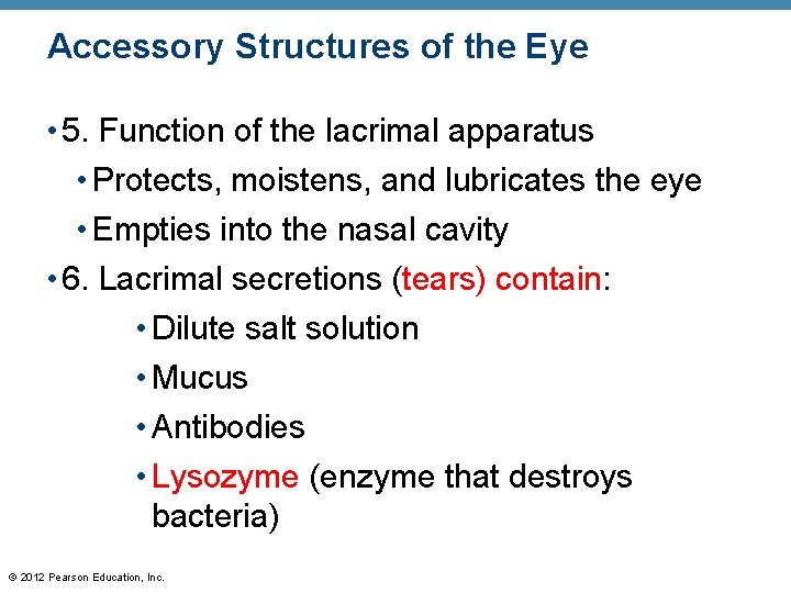 Accessory Structures of the Eye • 5. Function of the lacrimal apparatus • Protects,