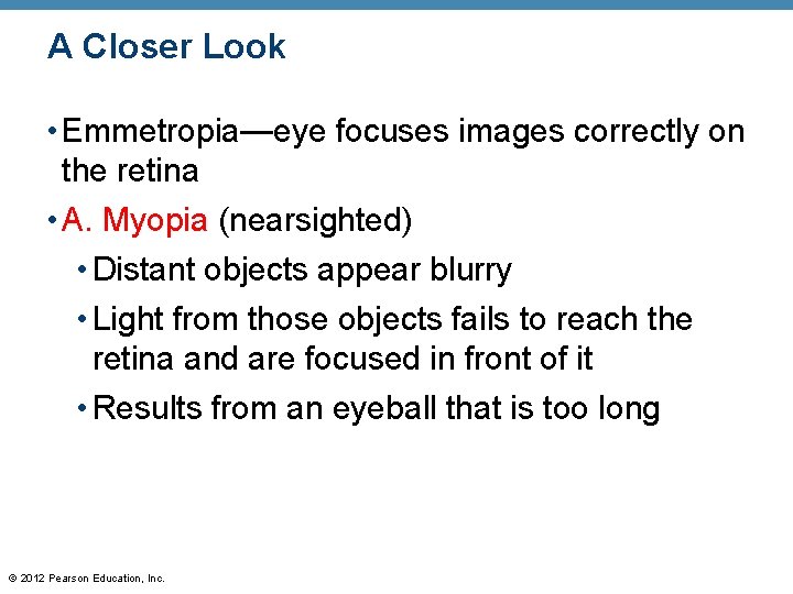 A Closer Look • Emmetropia—eye focuses images correctly on the retina • A. Myopia