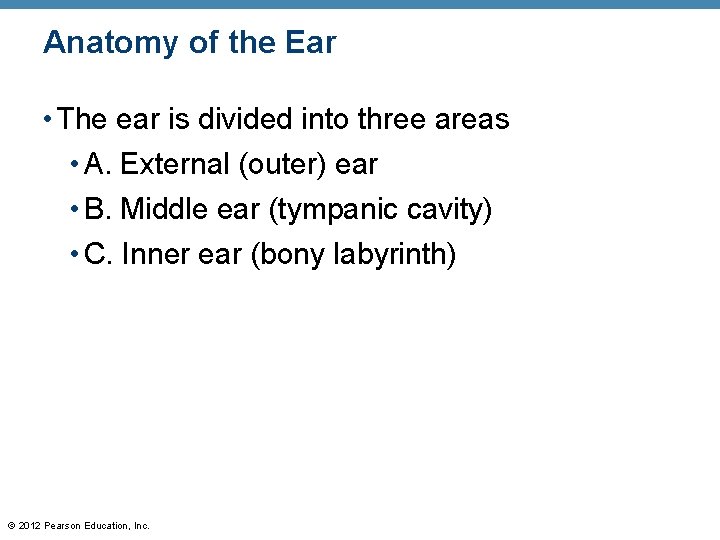 Anatomy of the Ear • The ear is divided into three areas • A.