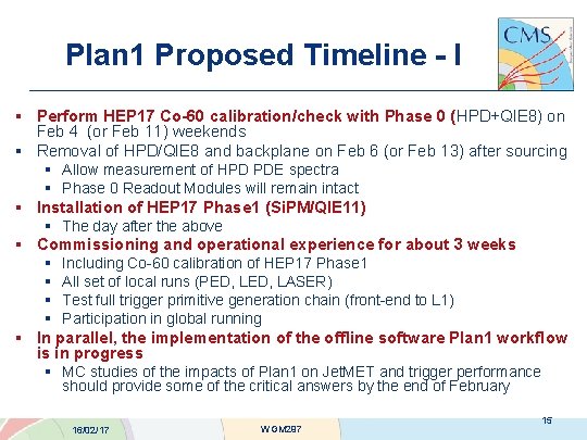 Plan 1 Proposed Timeline - I § Perform HEP 17 Co-60 calibration/check with Phase