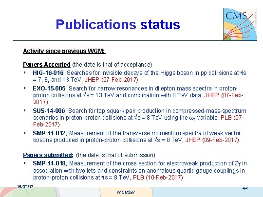 Publications status Activity since previous WGM: Papers Accepted (the date is that of acceptance)