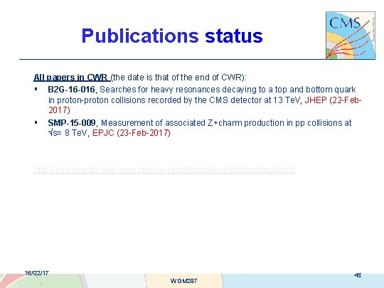 Publications status All papers in CWR (the date is that of the end of