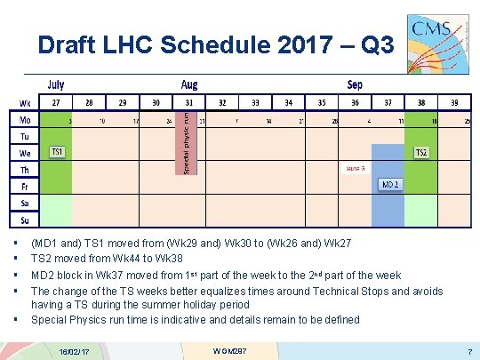 Draft LHC Schedule 2017 – Q 3 § § (MD 1 and) TS 1