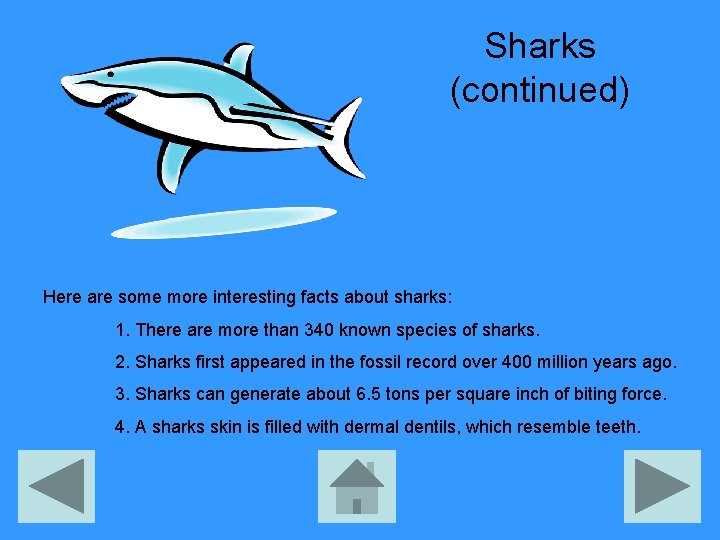 Sharks (continued) Here are some more interesting facts about sharks: 1. There are more