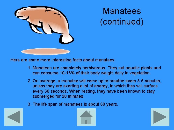 Manatees (continued) Here are some more interesting facts about manatees: 1. Manatees are completely