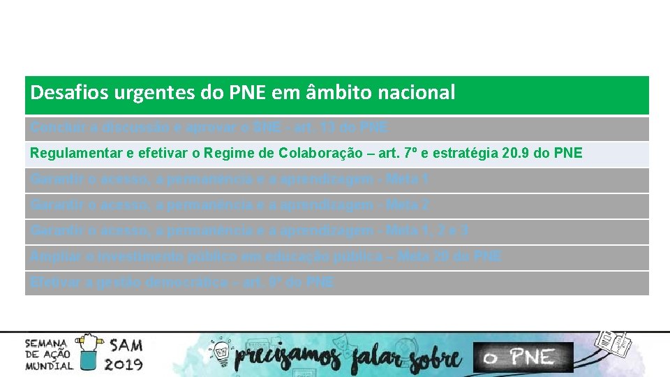 Desafios urgentes do PNE em âmbito nacional Concluir a discussão e aprovar o SNE