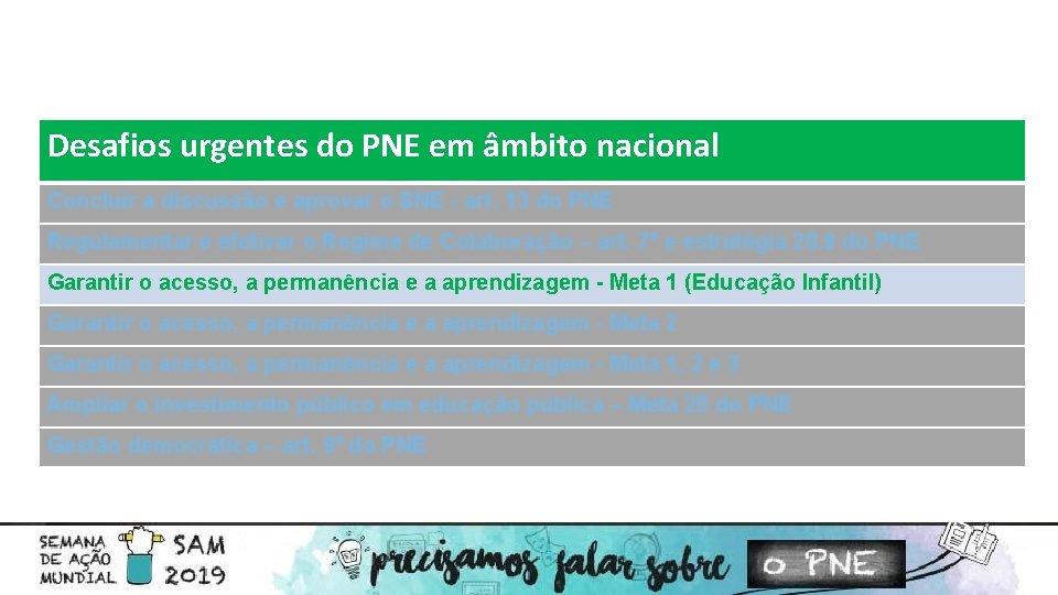 Desafios urgentes do PNE em âmbito nacional Concluir a discussão e aprovar o SNE