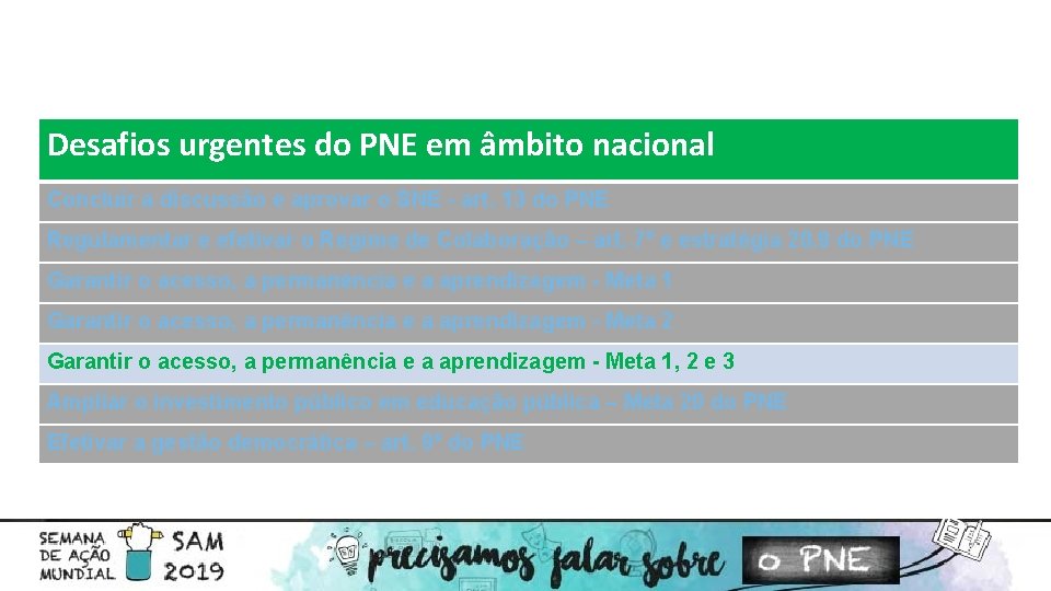 Desafios urgentes do PNE em âmbito nacional Concluir a discussão e aprovar o SNE