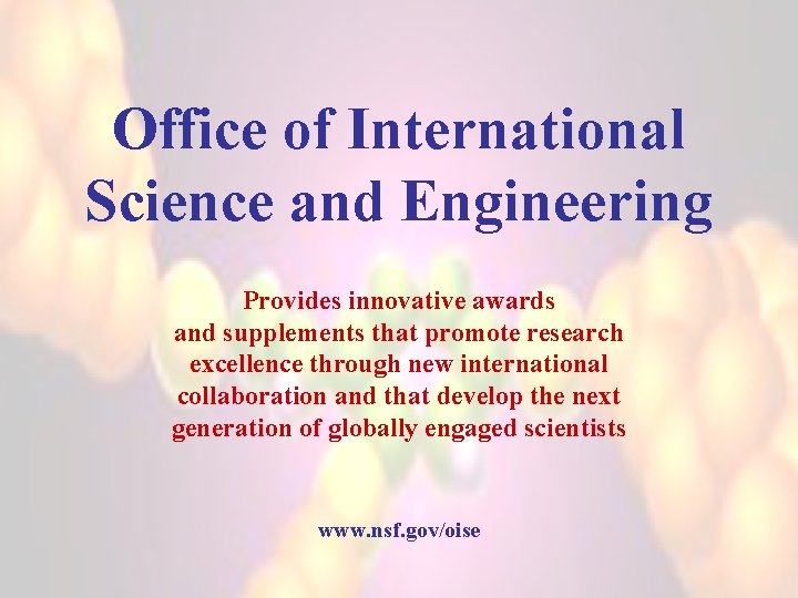 Office of International Science and Engineering Provides innovative awards and supplements that promote research