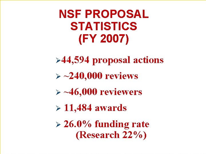 NSF PROPOSAL STATISTICS (FY 2007) Ø 44, 594 proposal actions Ø ~240, 000 reviews