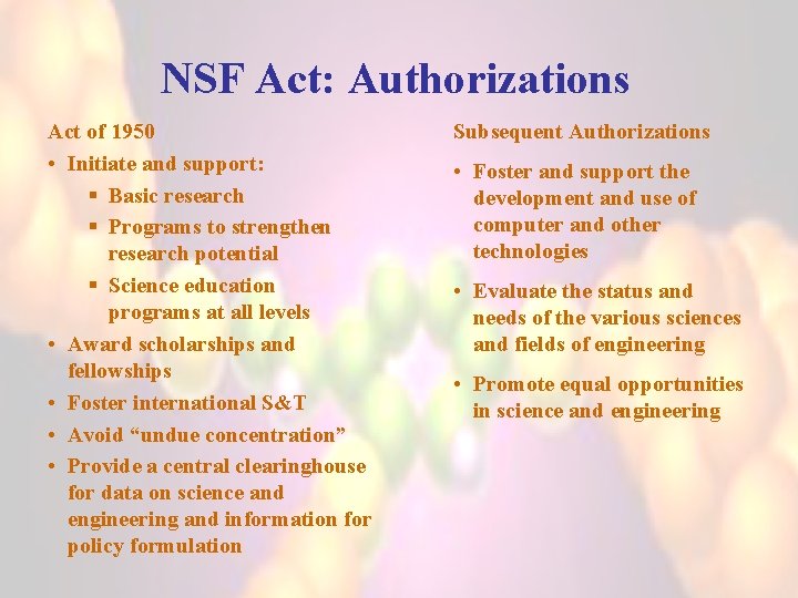 NSF Act: Authorizations Act of 1950 • Initiate and support: § Basic research §