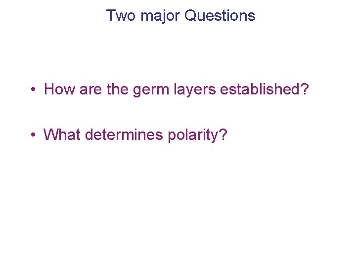 Two major Questions • How are the germ layers established? • What determines polarity?