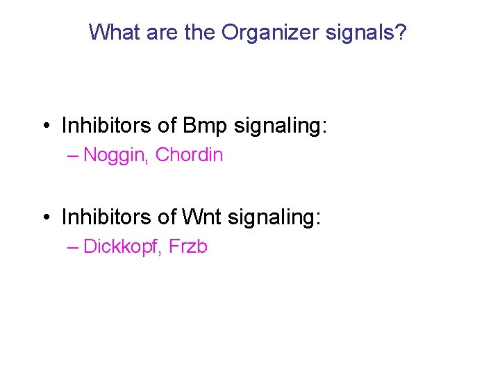 What are the Organizer signals? • Inhibitors of Bmp signaling: – Noggin, Chordin •