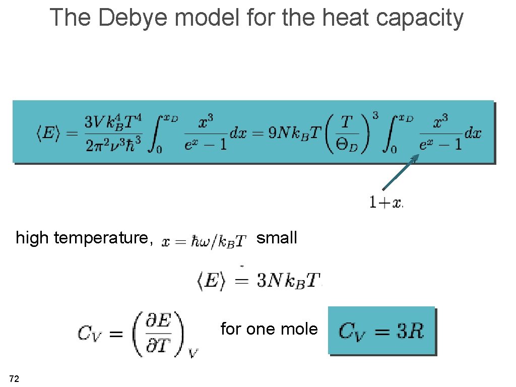 The Debye model for the heat capacity high temperature, small for one mole 72