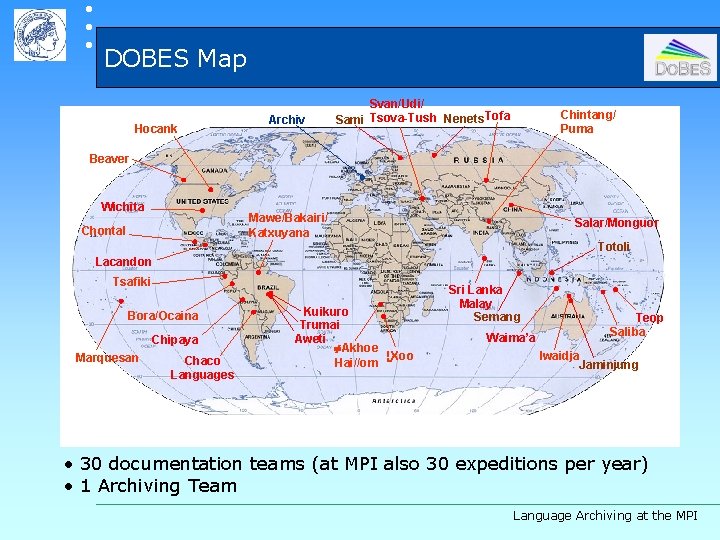  DOBES Map Hocank Archiv Svan/Udi/ Sami Tsova-Tush Nenets Tofa Chintang/ Puma Beaver Wichita