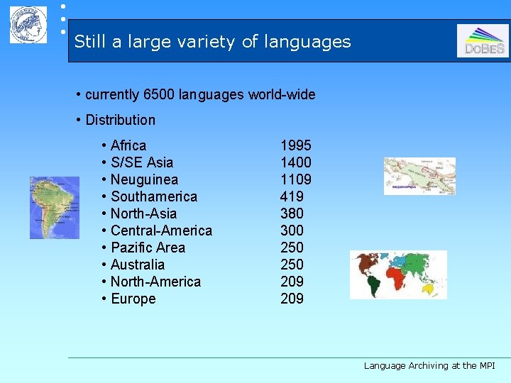  Still a large variety of languages • currently 6500 languages world-wide • Distribution