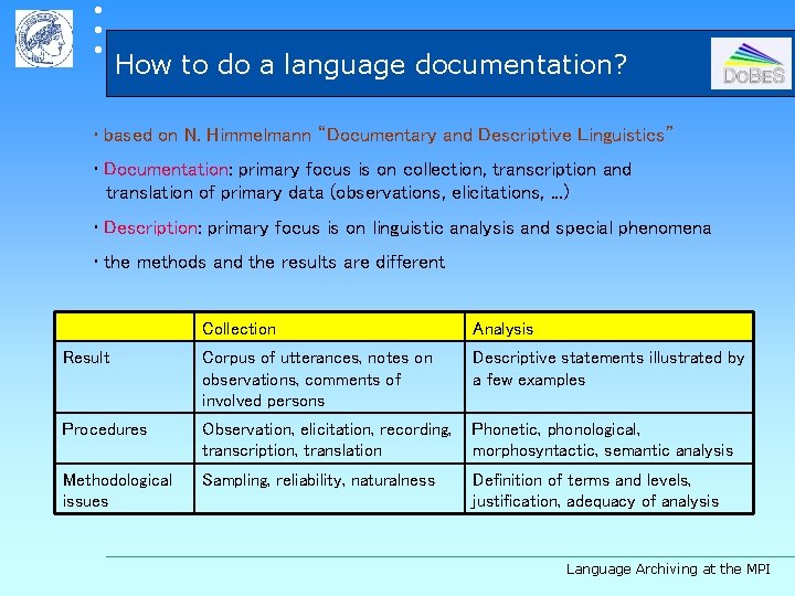  How to do a language documentation? • based on N. Himmelmann “Documentary and