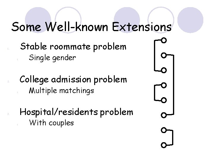 Some Well-known Extensions Stable roommate problem 1. Single gender College admission problem 2. 1.