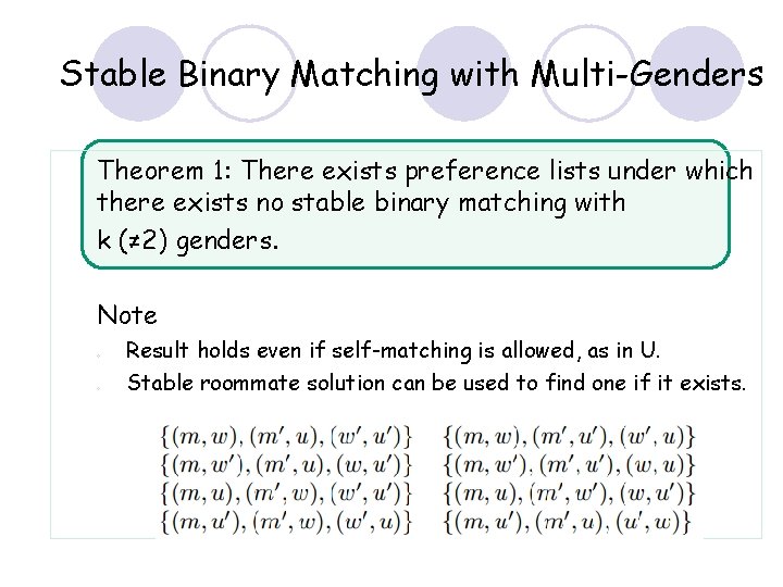Stable Binary Matching with Multi-Genders Theorem 1: There exists preference lists under which there