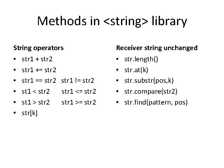 Methods in <string> library String operators • • • str 1 + str 2