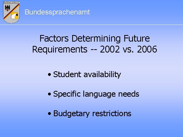 Bundessprachenamt Factors Determining Future Requirements -- 2002 vs. 2006 • Student availability • Specific