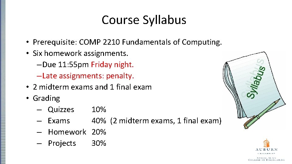 Course Syllabus • Prerequisite: COMP 2210 Fundamentals of Computing. • Six homework assignments. –
