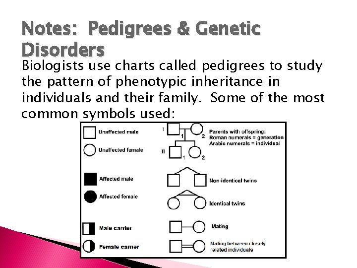 Notes: Pedigrees & Genetic Disorders Biologists use charts called pedigrees to study the pattern