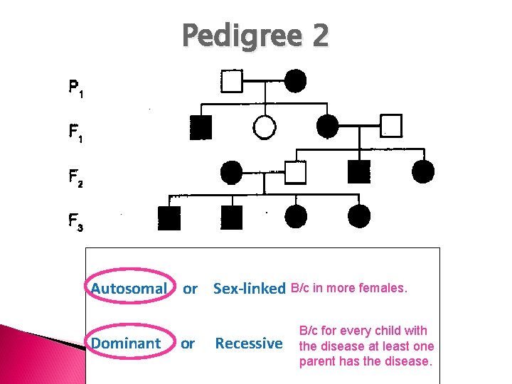 Pedigree 2 Circle one in each pair: Autosomal or Sex-linked B/c in more females.