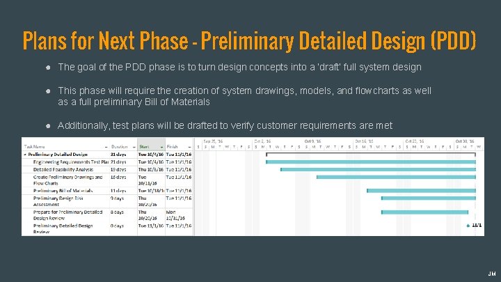 Plans for Next Phase - Preliminary Detailed Design (PDD) ● The goal of the