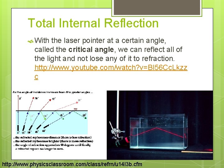 Total Internal Reflection With the laser pointer at a certain angle, called the critical