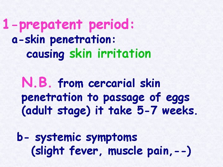 1 -prepatent period: a-skin penetration: causing skin irritation N. B. from cercarial skin penetration