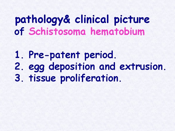 pathology& clinical picture of Schistosoma hematobium 1. Pre-patent period. 2. egg deposition and extrusion.
