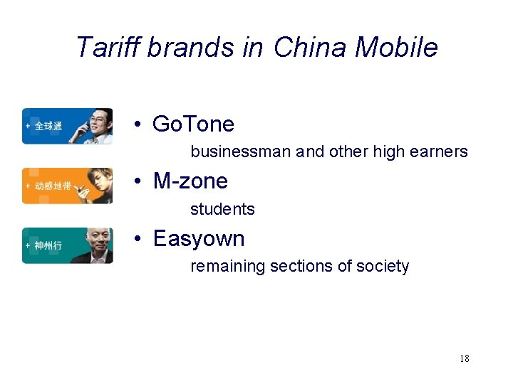 Tariff brands in China Mobile • Go. Tone businessman and other high earners •