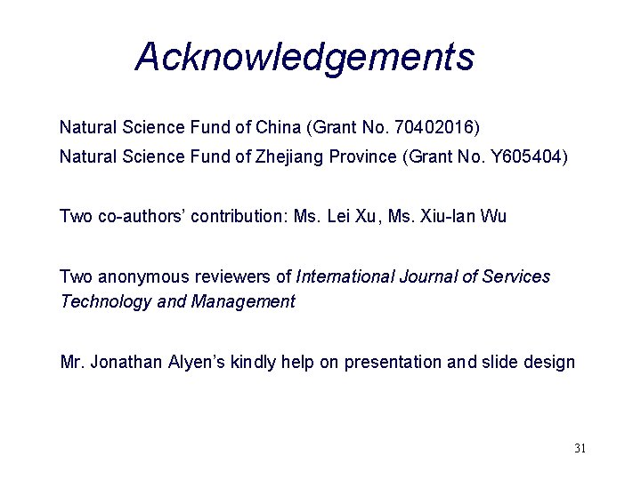 Acknowledgements Natural Science Fund of China (Grant No. 70402016) Natural Science Fund of Zhejiang