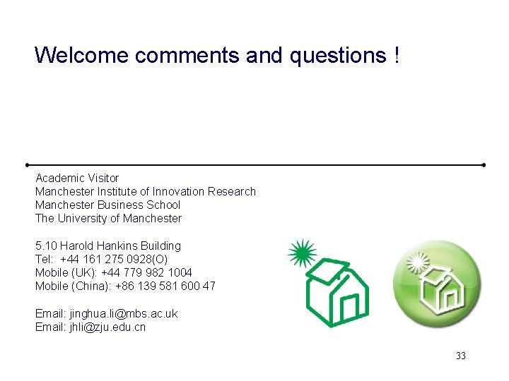 Welcome comments and questions ! Academic Visitor Manchester Institute of Innovation Research Manchester Business